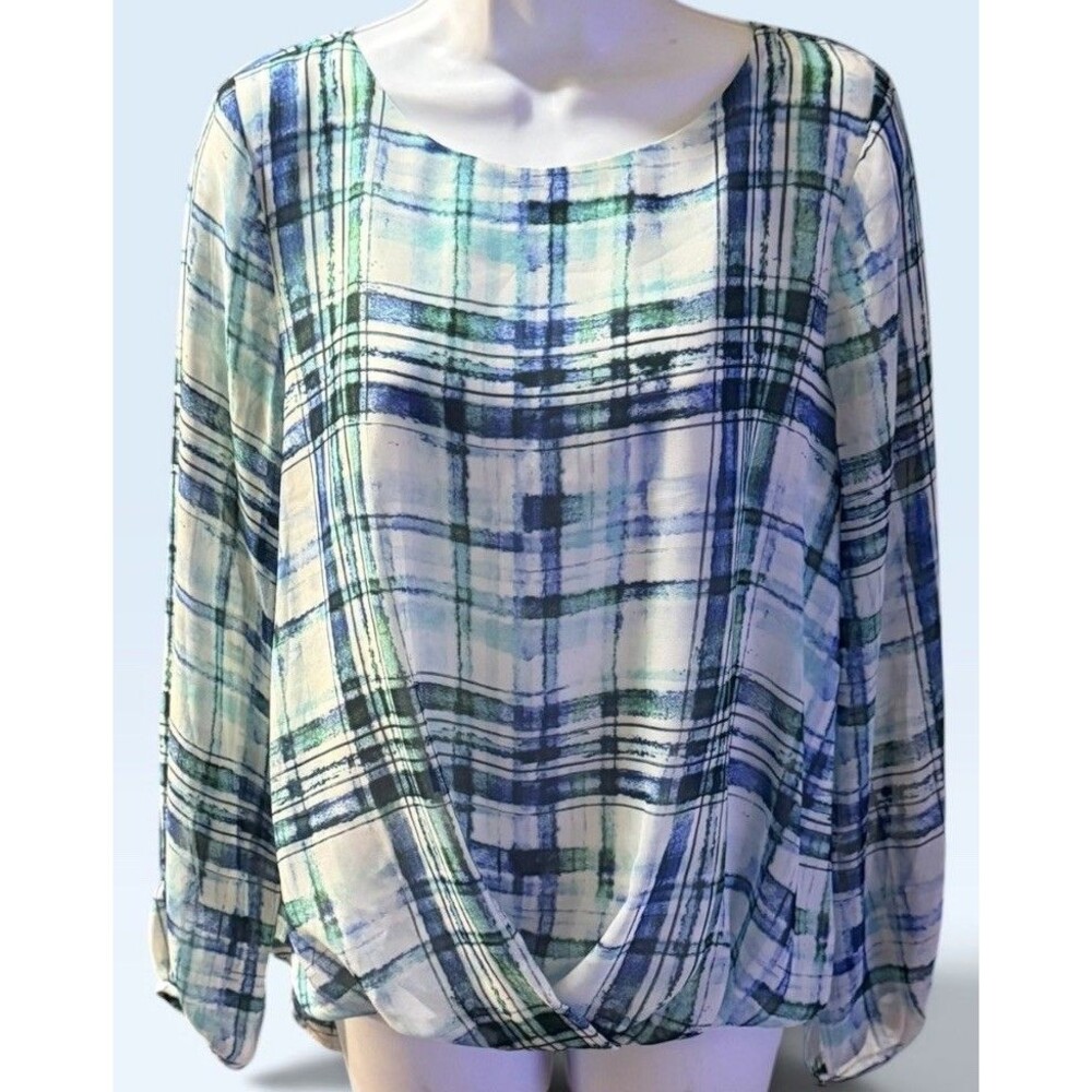 Vince Camuto Small S Blouse Top Watercolor Plaid Blue Green Twisted Hem